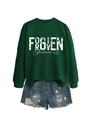 Close-up of FORGIVEN print on dark green crewneck sweatshirt and distressed denim shorts - Dark Green (White Print)