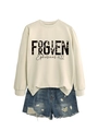 Detail of cream sweatshirt with Forgiven Ephesians 4:32 print and ripped denim shorts - Sand (Black Print)