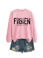 Detail view of pink Ephesians sweatshirt and ripped denim shorts set on white background - Pink (Black Print)