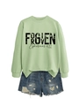 Detail of sage green sweatshirt with black Forgiven Ephesians 4:32 print and raw hem finish - Olive Green (Black Print)
