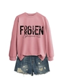 Detail showing the FORGIVEN text and Ephesians 4:32 print on a pink crewneck sweatshirt - Rose Gold (Black Print)