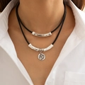 Double-layered retro necklace with black ropes, curved metal tubes and a bohemian coin pendant - Vintage Curved Tube Coin Necklace (5503)