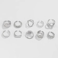 10-piece set of minimalist silver geometric rings featuring chain and heart designs - Set of 10 / Adjustable Open / Silver