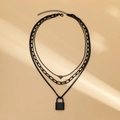 Gothic punk black layered necklace set with heart pendant and square lock charm - Multilayer Heart Lock Style (05023)