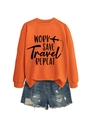 Close-up of bright orange sweatshirt with black travel slogan and distressed denim shorts - S / Orange (Black Font)