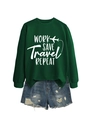 Detail of dark green sweatshirt with 'WORK SAVE Travel' print and ripped denim shorts - S / Dark Green (White Font)