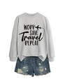 Detail of grey sweatshirt with Work Save Travel print and distressed denim shorts texture - S / Grey (Black Font)