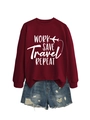 Burgundy crewneck sweatshirt with Work Save Travel print and distressed denim shorts - S / Wine Red (White Font)