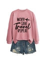 Flat lay of pink sweatshirt with travel print and distressed denim shorts set - S / Rose Gold (Black Font)