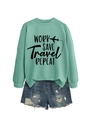 Detail view of mint green sweatshirt with Work Save Travel text and distressed denim shorts - S / Light Green (Black Text)