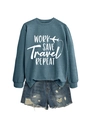 Detail of blue crewneck sweatshirt with Work Save Travel print and ripped denim shorts - S / Blue (White Font)