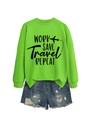 Detail of neon green crewneck sweatshirt with Work Save Travel print and denim shorts - S / Neon Green (Black Font)