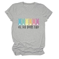 Close-up of colorful Peeps bunny graphics and text on a grey crewneck t-shirt - Light Grey (Black Text)