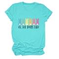 Close-up of Oh For Peeps Sake text and colorful bunny silhouette print on teal t-shirt - Deep Water Blue (Black Text)