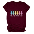 Flat lay of burgundy Easter t-shirt with colorful bunny silhouettes and white peep text - Wine Red (White Text)