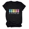Close-up of the colorful Easter bunny silhouettes and logo print on black cotton T-shirt - Black (White Text)