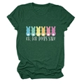 Detail of dark green t-shirt with colorful bunny prints and 'OH FOR PEEPS SAKE' text - Retro Green (White Text)