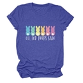 Detail of colorful Easter bunnies and Peeps Sake text on purple cotton T-shirt - Retro Blue (White Text)