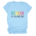Detail view of light blue Easter T-shirt with six colorful bunnies and slogan print - Light Blue (Black Text)
