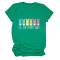 Detail of green Easter t-shirt featuring colorful bunnies and Oh For Peeps Sake text - Ink Green (White Text)