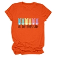 Detail of orange crewneck T-shirt showing colorful rabbits print and cotton texture - Orange (Black Text)