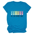 Close-up of colorful bunny silhouettes and 'Oh For Peeps Sake' print on blue tee - Lake Blue (Black Text)