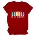 Detail of red cotton Easter t-shirt featuring colorful bunnies and typography print - Red (White Text)