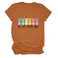 Close-up of rust orange Easter T-shirt featuring colorful bunny silhouettes and print - Burnt Orange (Black Text)