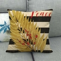 Detail of linen pillow cover with Peace text, gold leaves and red berry patterns - 18x18 Inch / Golden Peace Lettering (10)