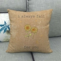 Detail view of linen sunflower pillow cover with I always fall FOR YOU slogan text - Fall For You Sunflower Style (5)
