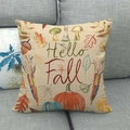 Linen square pillow cover with Hello Fall pumpkin print on a cozy grey sofa - Hello Fall Pumpkin Combo Style (7)