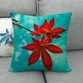 Detailed close-up of maple leaf print on linen throw pillow showing fabric texture - Blue Background Three Maple Leaves (9) / 45x45cm