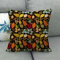 Detailed close-up of autumn leaf patterns on a black linen throw pillow cover - Black Background Autumn Leaves & Berries (15) / 45x45cm
