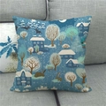 Close-up of linen pillowcase featuring blue winter village scene with deer and rabbits - Winter Village and Reindeer Style (12)