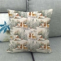 Detail of square linen pillow cover with vintage reindeer and snow scene on gray sofa - Vintage Winter Snow Scene Style (11)
