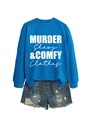 Close-up of royal blue sweatshirt with murder shows print and ripped denim shorts - Lake Blue (White Font)