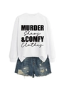 Flat lay of a white crewneck sweatshirt with black text and frayed denim shorts - White (Black Font)