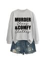 Light grey crewneck sweatshirt with black slogan paired with distressed denim shorts - Grey (Black Font)