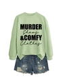 Detail of mint green sweatshirt with Murder Shows text and ripped denim shorts set - Olive Green (Black Font)