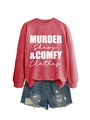 Flat lay of maroon crewneck sweatshirt with murder shows print and distressed denim shorts - Red (White Font)