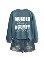 Detail of blue-grey sweatshirt with white lettering and distressed denim shorts with frayed edges - Blue (White Font)