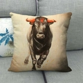 Detail of running bull painting print on natural linen pillow cover over grey sofa - 45x45cm / Running Bull Oil Painting (6)