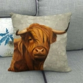 Close-up of a Highland cow printed pillowcase on a grey fabric sofa with a warm tone - 45x45cm / Highland Cow Orange Brown Painting (7)