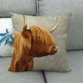 Linen highland cow print cushion cover displayed on a grey sofa for home decor - 45x45cm / Scottish Cow Side Profile (8)
