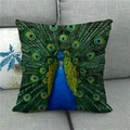 Linen pillow cover with peacock feather oil painting pattern on a grey sofa - Royal Blue Emerald Realistic Tail (6)