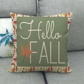 Linen Fall pillow cover featuring Hello FALL text and colorful autumn leaf patterns - Hello Fall Green Patch (8)