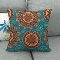 Detailed close-up of teal linen cushion cover with intricate orange mandala patterns - Teal Mandala Disc Paisley Pattern (13)