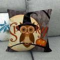 Halloween owl and pumpkin linen pillow cover displayed on a grey sofa setting - Halloween Spooky Owl Style (11) / 18x18 Inch