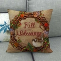 Close-up of Fall Blessings text on linen pillow cover featuring bird and autumn wreath - Sparrow Fall Blessings (7) / 18x18 Inch