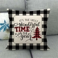 Detail of linen Christmas pillowcase with buffalo plaid pattern and festive quote on sofa - Most Wonderful Time Christmas Tree Style